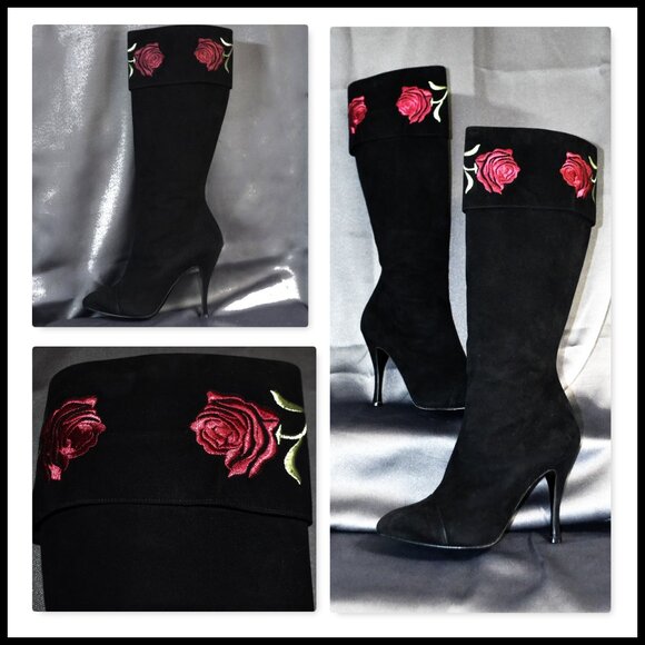 Maison Ernest Paris Boots Sz 10 EU 41 19" Black Suede Red Embr. Roses Heel 4.5" - Picture 1 of 12